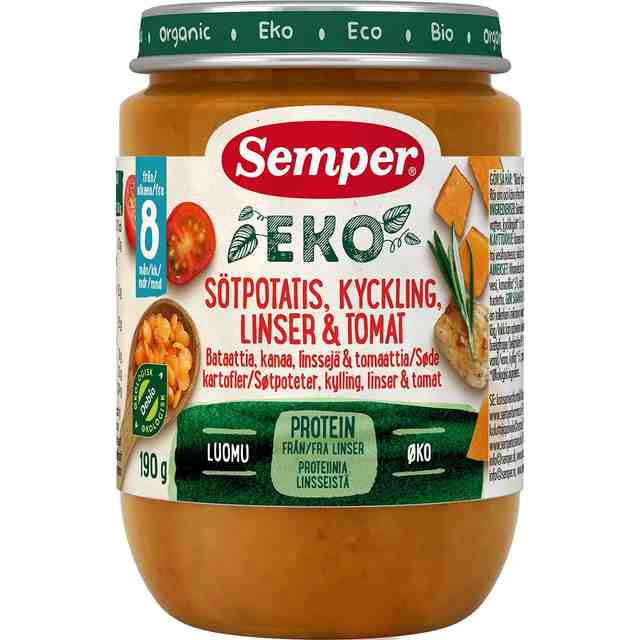 Semper ЕКО Сладък картоф, пиле, леща и домат от 8м, 190г.