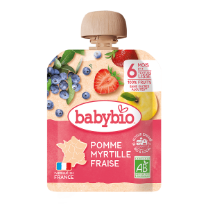 babybio Био плодов мус за бебета Ябълка, Ягода и Боровинка 90гр. над 6м