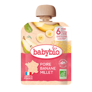 babybio Био плодов мус за бебета Круша, Банан и Просо 90гр. над 6месец