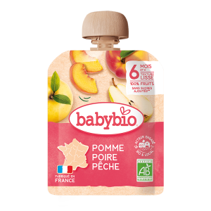 babybio Био плодов мус за бебета Ябълка, Праскова и Круша 90гр. над 6м