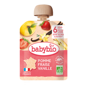 babybio Био плодов мус за бебета Ябълка, Ягода и Ванилия 90гр. над 6м