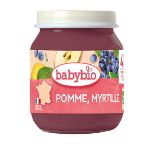 Био плодово пюре Babybio с ябълка и боровинки, 130 г, подходящо за бебета от 4 месеца