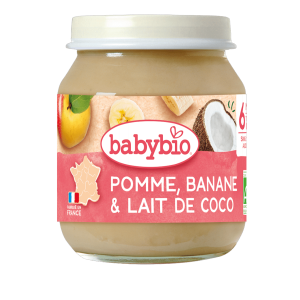 babybio Био Плодово пюре с Ябълки, банан и кокосово мляко 130г след 6м