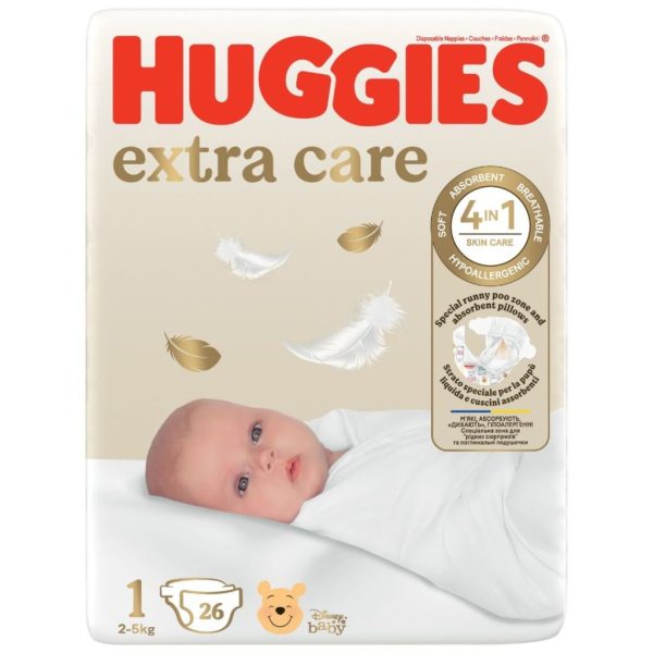 Huggies пелени за новородено бебе Extra Care Размер 1 (до 5кг), 26 броя