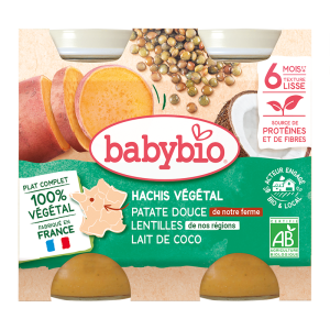 Babybio био бебешко пюре вегетарианска каша със сладък картоф, леща и кокосово мляко, бурканче 200 г, подходящо за бебета 6+ месеца