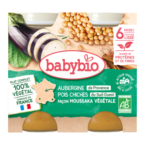 babybio био бебешко пюре вегетарианска мусака с патладжан и нахут 6+ месеца, стъклено бурканче 200 г