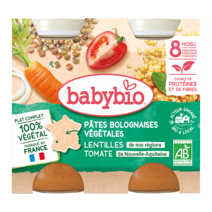 Babybio био бебешко пюре вегетарианска паста Болонезе с леща и домати, бурканче 200 г, подходящо за бебета 8+ месеца
