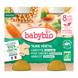 Babybio био бебешко пюре Вегетариански Таджин с моркови, булгур, нахут и кайсии, бурканче 200 г, подходящо за бебета 8+ месеца
