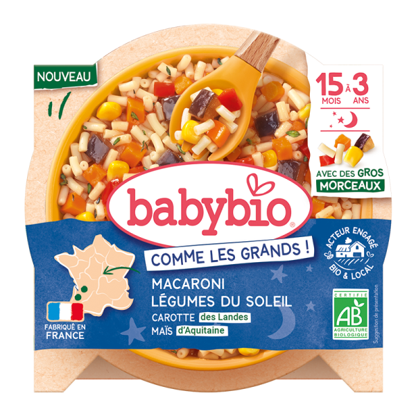 Babybio био меню Лека нощ – макарони и зеленчуци в купичка, 200 г, 15+ месеца