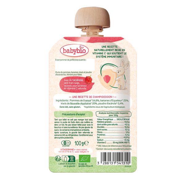 Babybio Био Плодов мус за Имунитет Ябълка, Банан, Киви и Ацерола 6+месеца, 100 г