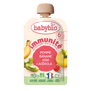 Babybio био плодов мус за имунитет – ябълка, банан, киви и ацерола, 100 г, 6+ месеца