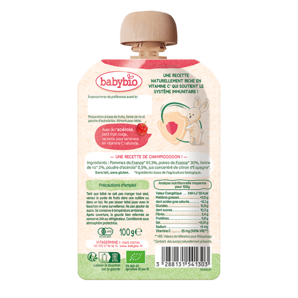 Babybio Био плодов мус за имунитет Ябълка, Круша, Ориз и Ацерола – 6+ месеца, 100 г