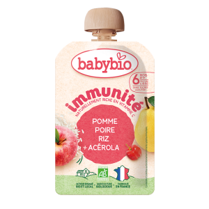 Babybio био плодов мус за имунитет – ябълка, круша, ориз и ацерола, 100 г, 6+ месеца