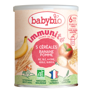 Babybio Био бебешка каша 5 зърнени храни с киноа, банан и ябълка 6+ месеца 220 г